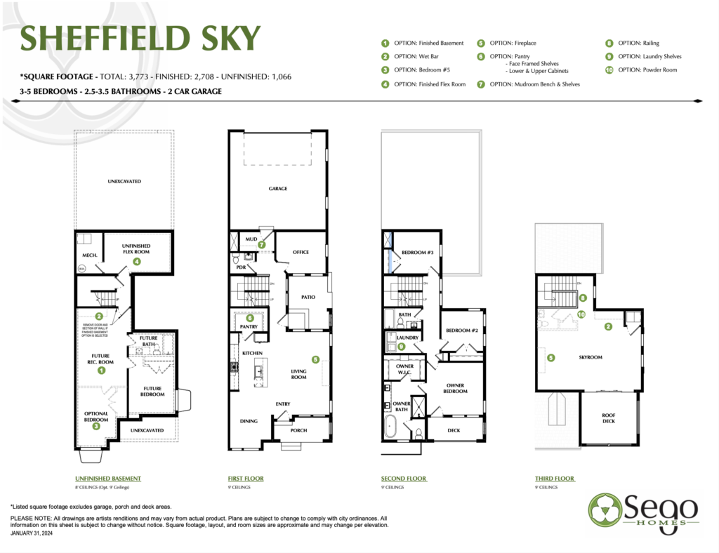 Floor plan for "Sheffield Sky" house, showing layout of 3-5 bedrooms, 2.5-3.5 bathrooms, and 2-car garage over three levels, including options for finished basement and fireplace.